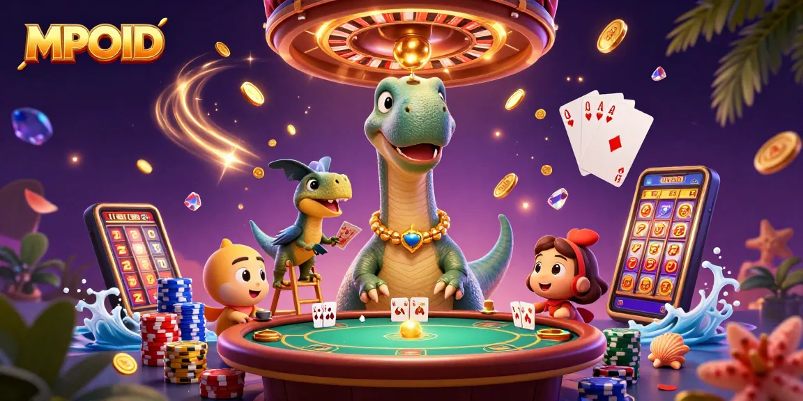 Experience the thrilling MPOID gaming scene with a colossal brontosaurus overseeing a poker table!