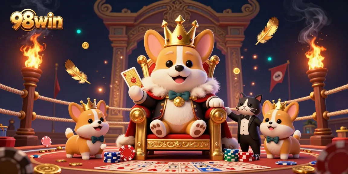 Engage in exciting gameplay with 98win as a royal corgi and friends surround a lavish poker throne.