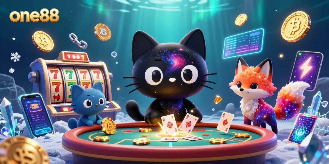 Experience the cosmic charm of one88 as the cosmic cat pulls in gaming chips amidst vibrant slot reels.