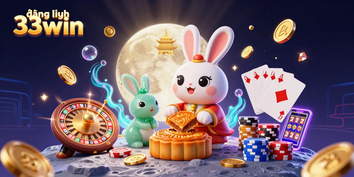 Experience đăng nhập 33win as the moon rabbit plays with poker chips amidst dazzling casino elements