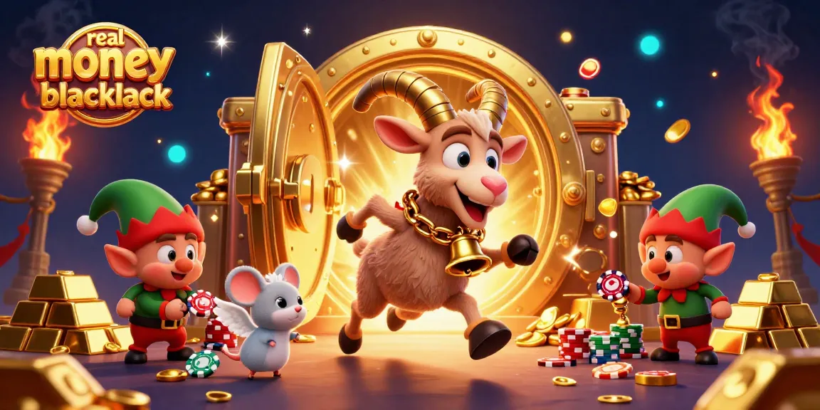 Experience the thrill of real money online blackjack as festive characters navigate a bustling casino scene.