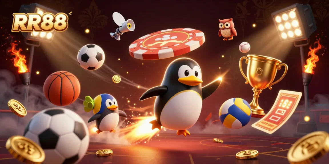 Place your bets with RR88 as a golden penguin zooms towards a stellar casino