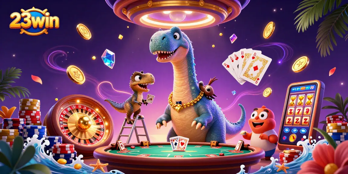 Join the excitement at 23win with thrilling casino adventures, featuring a playful brontosaurus and raptor dealer.