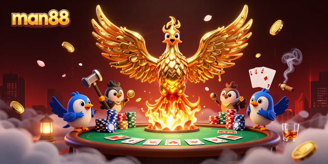 Engage with man88 at a vibrant poker scene featuring a golden phoenix and dynamic poker elements.
