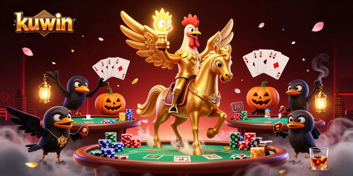 Kuwin's golden rooster character winning at a poker table beneath a midnight casino setting.